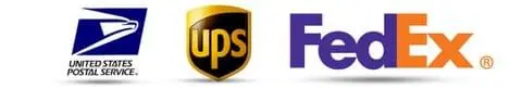 Official shipping partners: USPS, UPS, and FedEx.