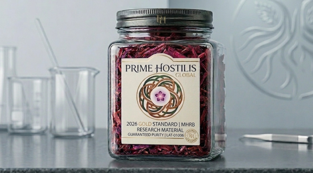Professional square glass jar containing Prime Hostilis 2026 Gold Standard MHRB research material. The premium label features the PH Global crest with a central purple star-flower, laboratory-grade purity specifications, and lot number LOT-01006. Set in a sterile laboratory environment with dual-office signals for Miami HQ