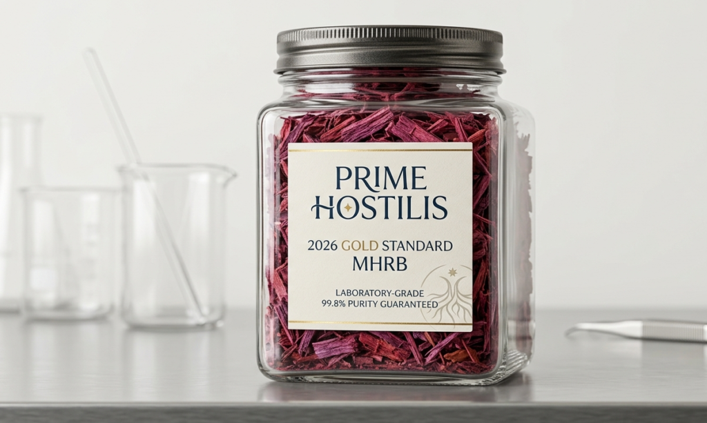 Close-up shot of Prime Hostilis verified MHRB research material. The clear glass jar displays the distinct texture of premium red and purple inner root bark fibers. The professional corporate label guarantees 99.8% purity and 2026 Gold Standard processing. Perfect for high-grade industrial and botanical research.